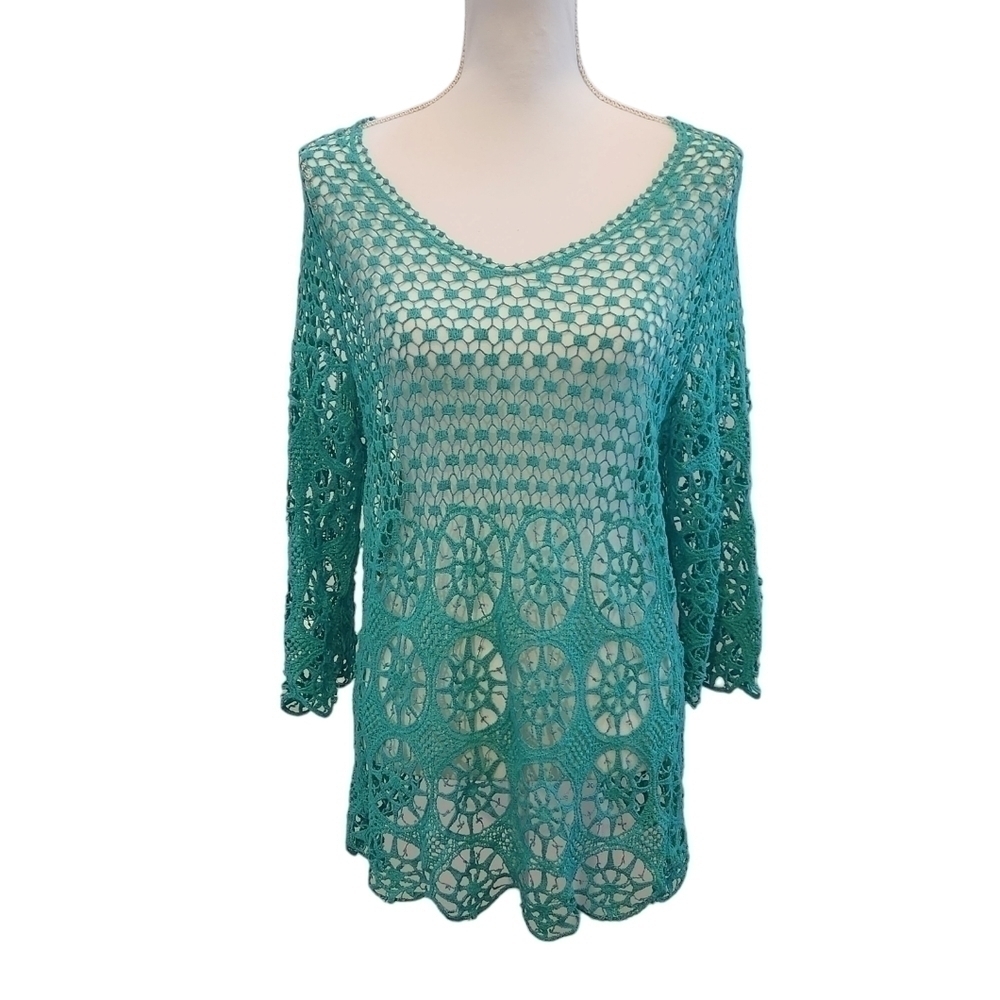 Blue Island Women's Teal Lace Crochet Beach Coverup or Shirt Large / X-Large
